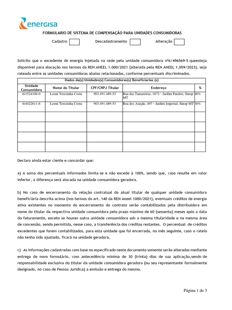 Formulario de Sistema de Compensação de Unidades Consumidoras | PDF