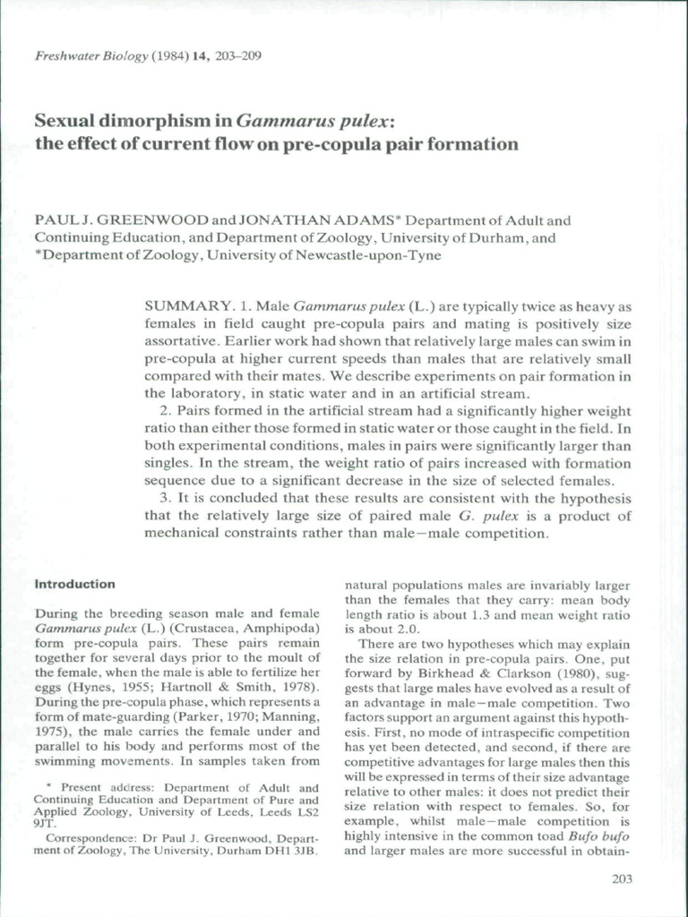 Sexual Dimorphism in Gammarus Pulex | PDF | Experiment | Sexual Dimorphism