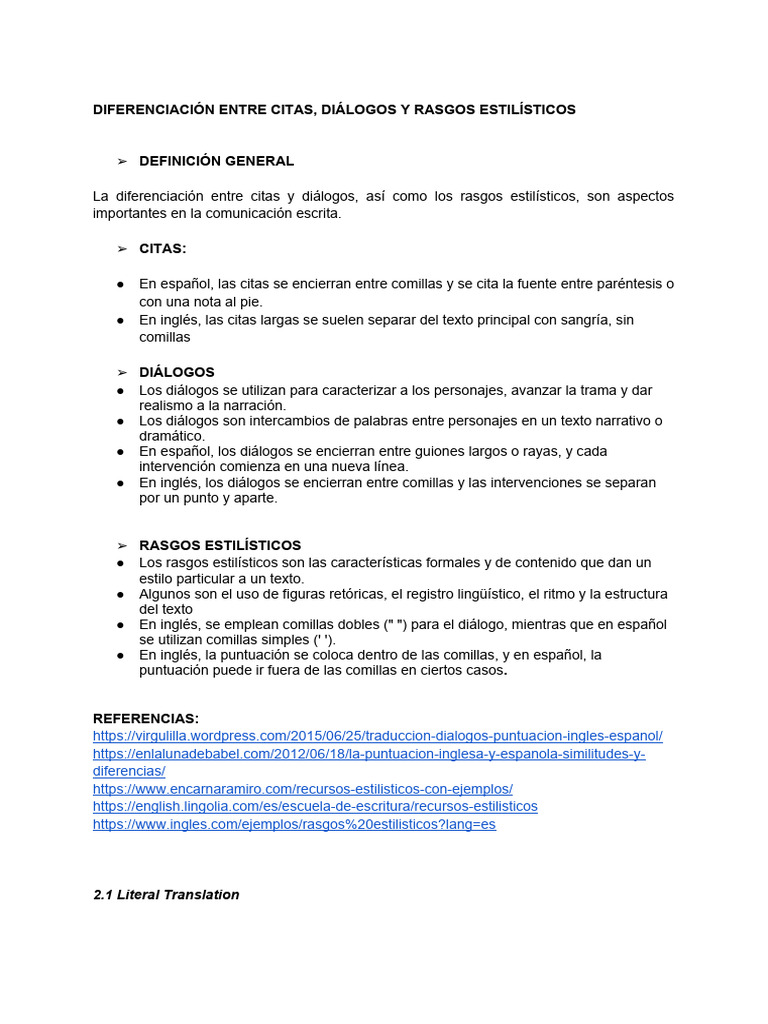 Diferenciación Entre Citas, Dialogos y Rasgos Estilisticos | PDF ...