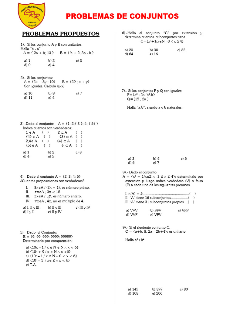 Problemas de Conjuntos 3er de Secundaria | PDF | Matemáticas | Lógica ...