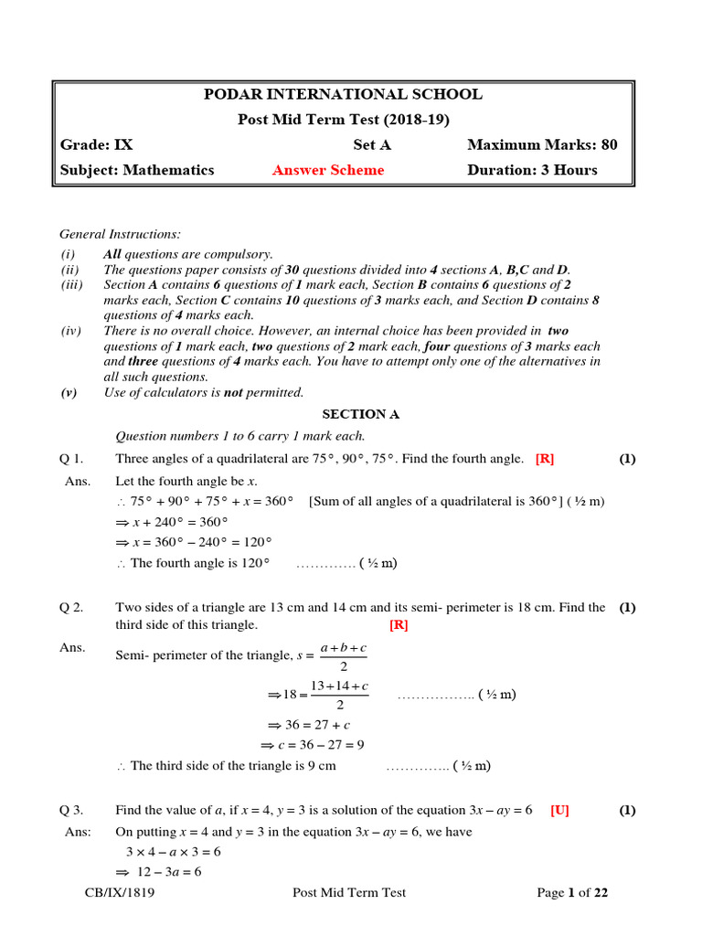 Podar International School Post Mid Term Test (2018-19) Grade: IX Set A ...