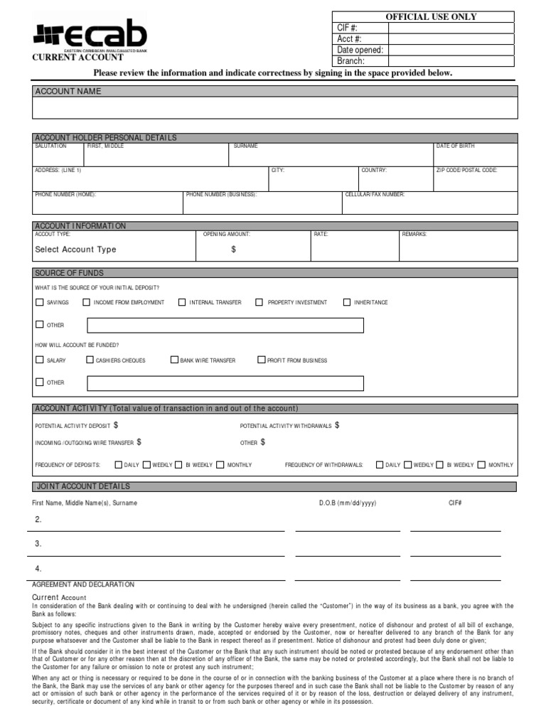 Bank Account Agreement Form | PDF | Banks | Cheque