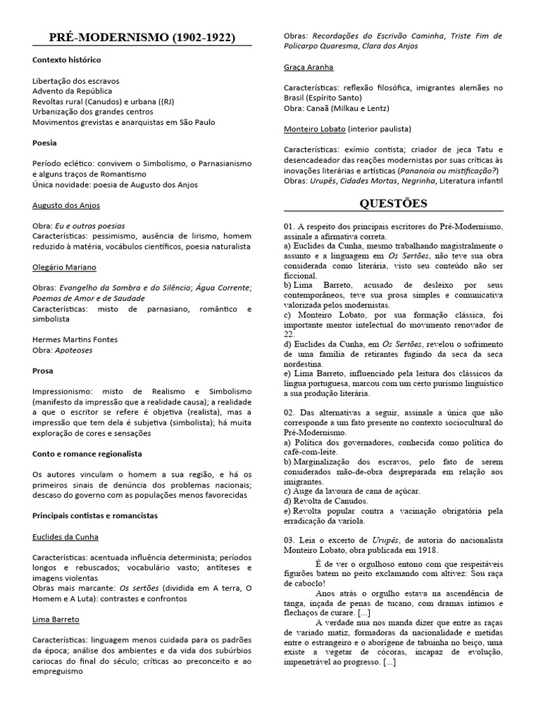 Pré-Modernismo - Resumo e Questões | PDF | Poesia | Modernismo