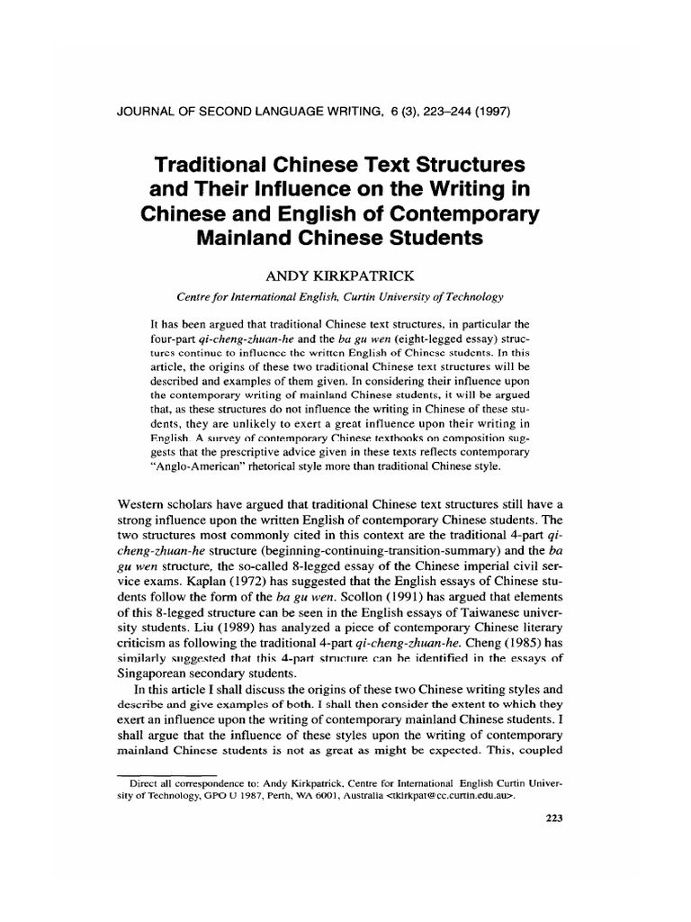 Traditional Chinese Text Structures and Their Influence On The Writing