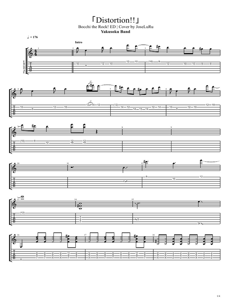 Kessoku band distortion lead music sheet tab pdf