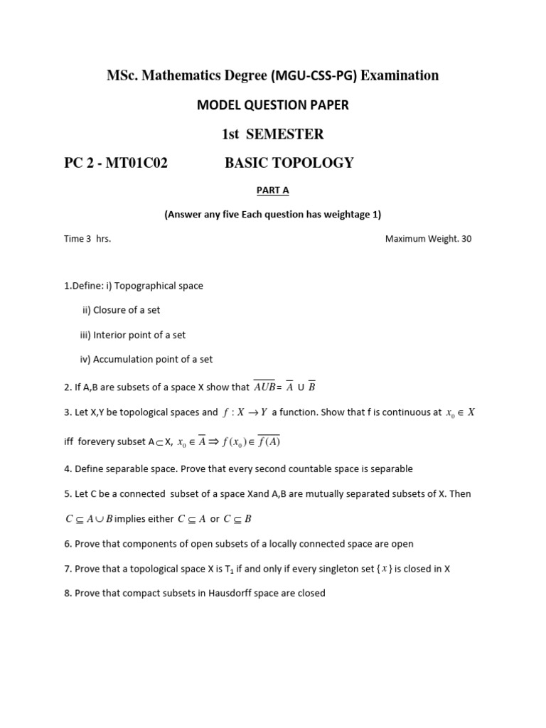 MSc Topology Exam Model Questions | PDF | Compact Space | General Topology