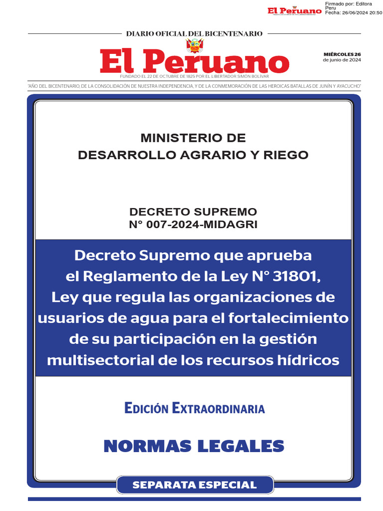Reglamento Ley 31801 MIDAGRI 2024 | PDF | Agua | Regulación