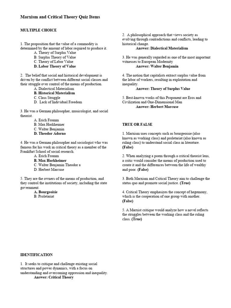 Marxism and Critical Theory Quiz | PDF | Critical Theory | Marxism