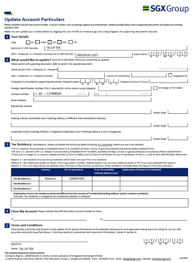 Update Account Particulars SGX | PDF | Government