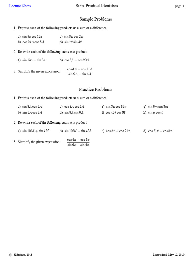 Sum-Product Identities Lecture Notes | PDF | Combinatorics | Geometry