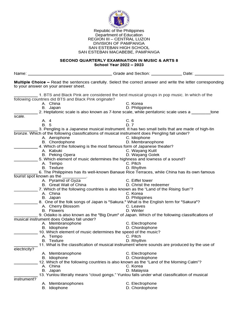 Second Quarterly Examination in Music 8 | PDF | Musical Instruments ...