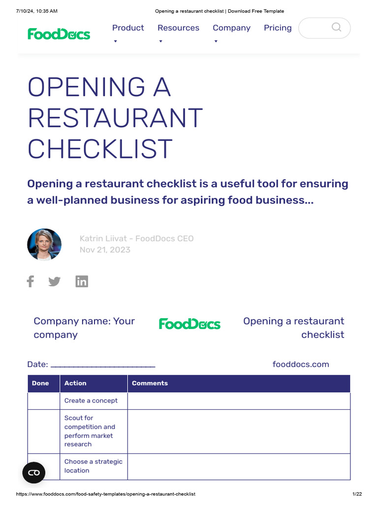 Opening A Restaurant Checklist - Download Free Template | PDF | Cost Of