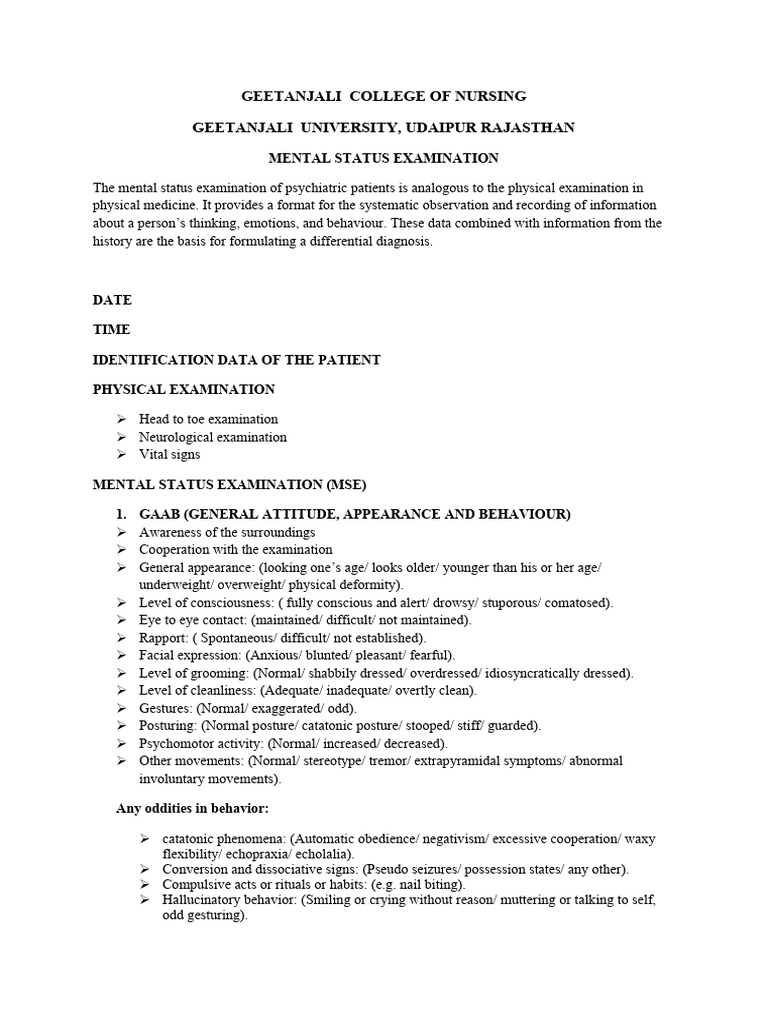Mental Status Exam Guide | PDF | Delusion | Human Diseases And Disorders
