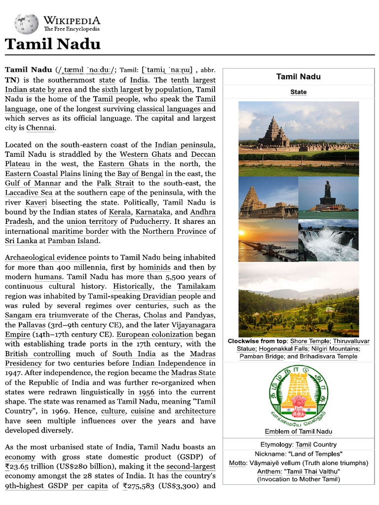 SOME IMPORTANT FACTS ABOUT TAMIL NADU intelligence overview