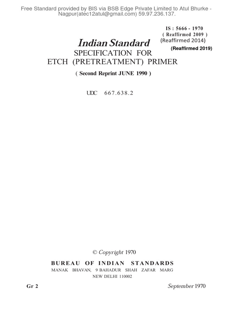 Indian Standard: Specification For Etch (Pretreatment) Primer | PDF ...