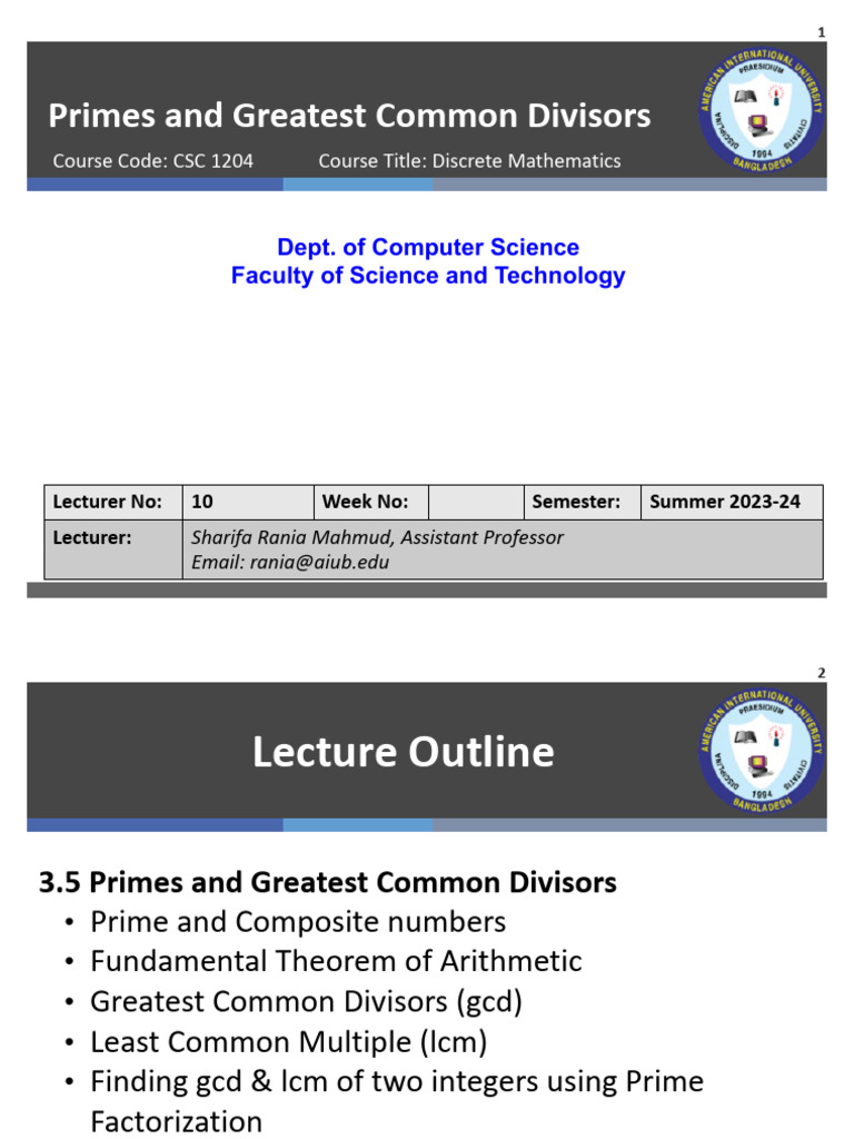 Primes and GCD in Discrete Math | PDF | Prime Number | Numbers