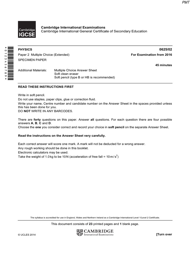 Specimen 2016 qp paper 2 cie physics igcse pdf force liquids