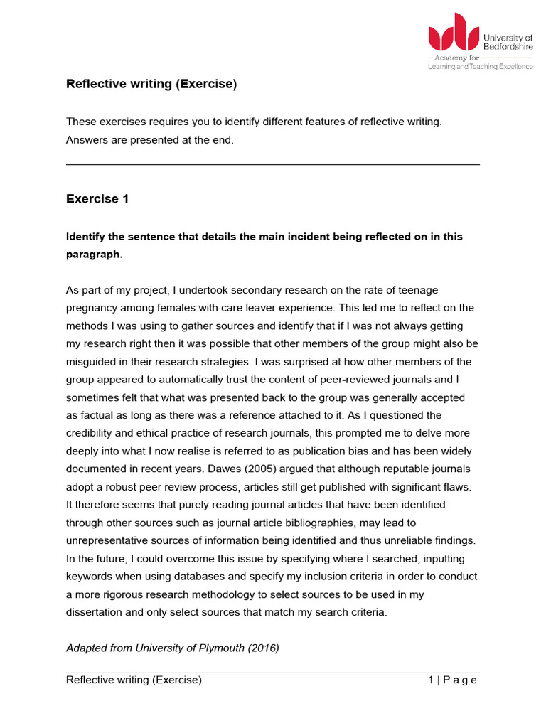 Reflective Writing Exercises | PDF | Nursing | Hospital Acquired Infection
