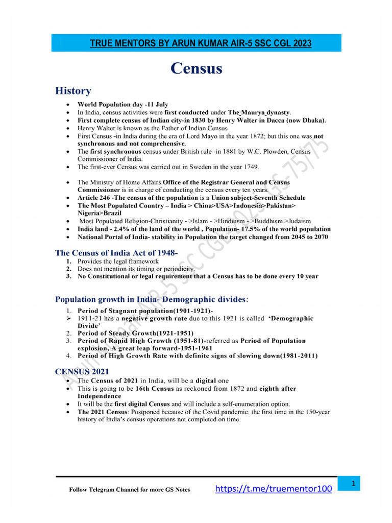 Census Notes by Arun Kumar AIR-5 | PDF
