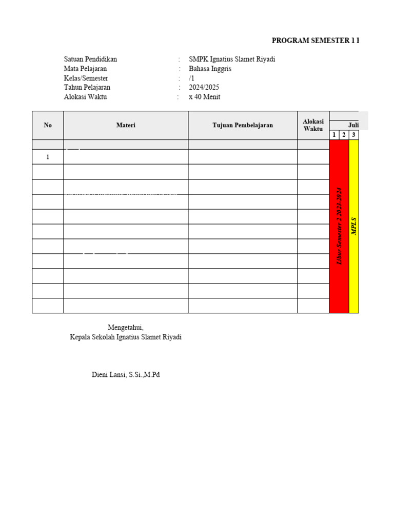 Program Semester 1 Bahasa Inggris SMPK | PDF