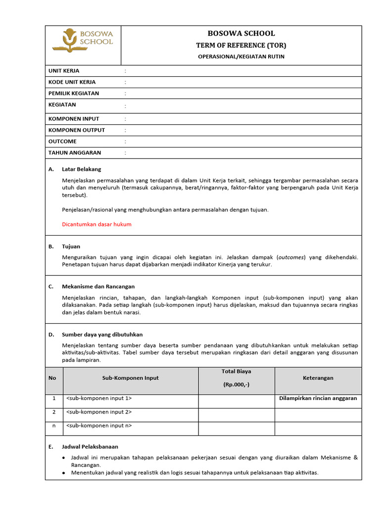 TOR Kegiatan Rutin Bosowa School | PDF
