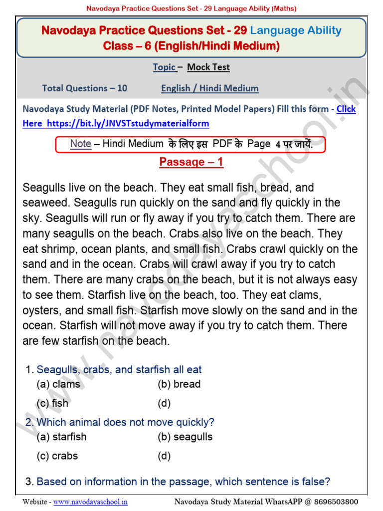 Navodaya Practice Question PDF Set 29 Language Ability Mini Mock | PDF
