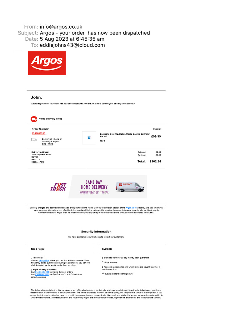 Argos Order Dispatch Confirmation | PDF