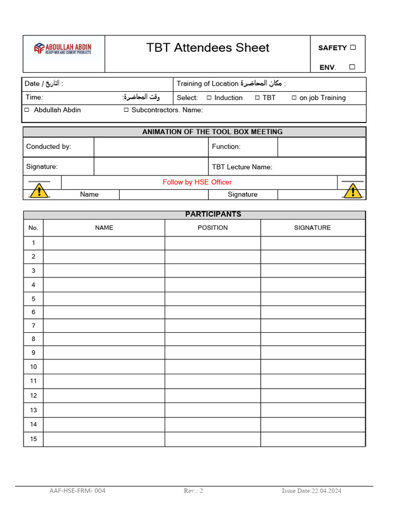 TBT Attendees Sheet for Safety Training | PDF