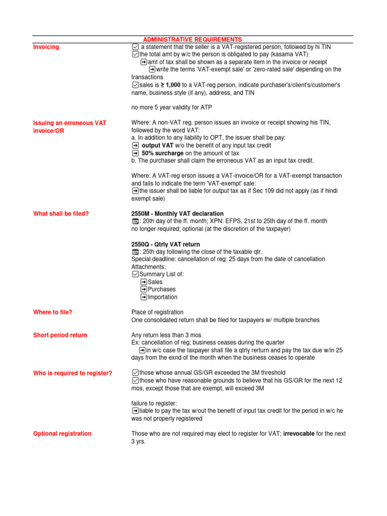 Tax Notes - Vat Admin Reqs | PDF | Value Added Tax | Invoice