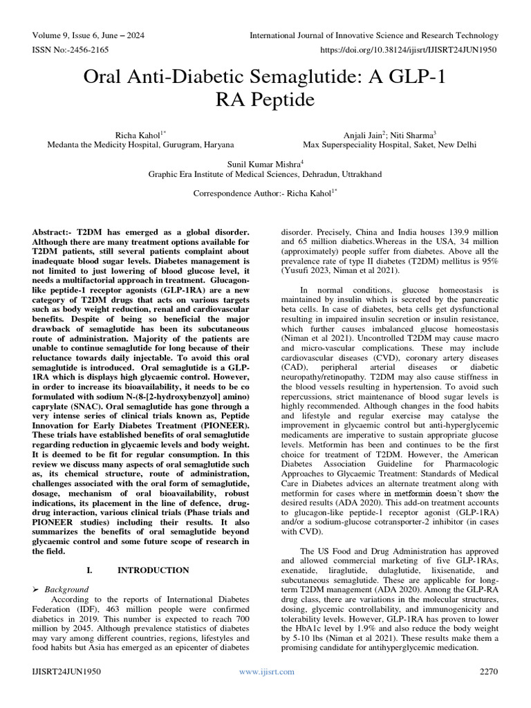 Oral Anti-Diabetic Semaglutide: A GLP-1 RA Peptide | Download Free PDF ...