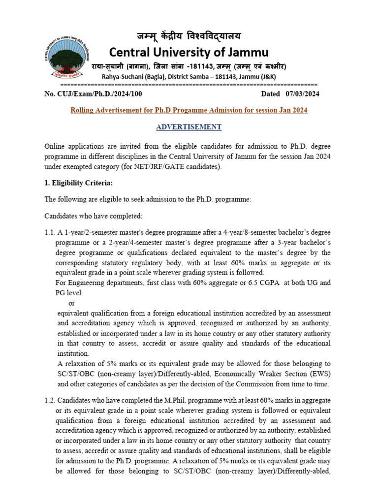 Ph.D. Admissions at CU Jammu 2024 | PDF