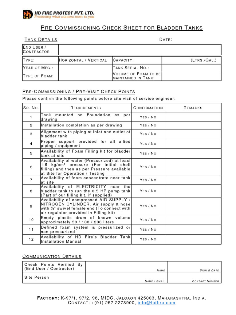 Pre-Commissioning Checklist for Bladder Tanks | PDF