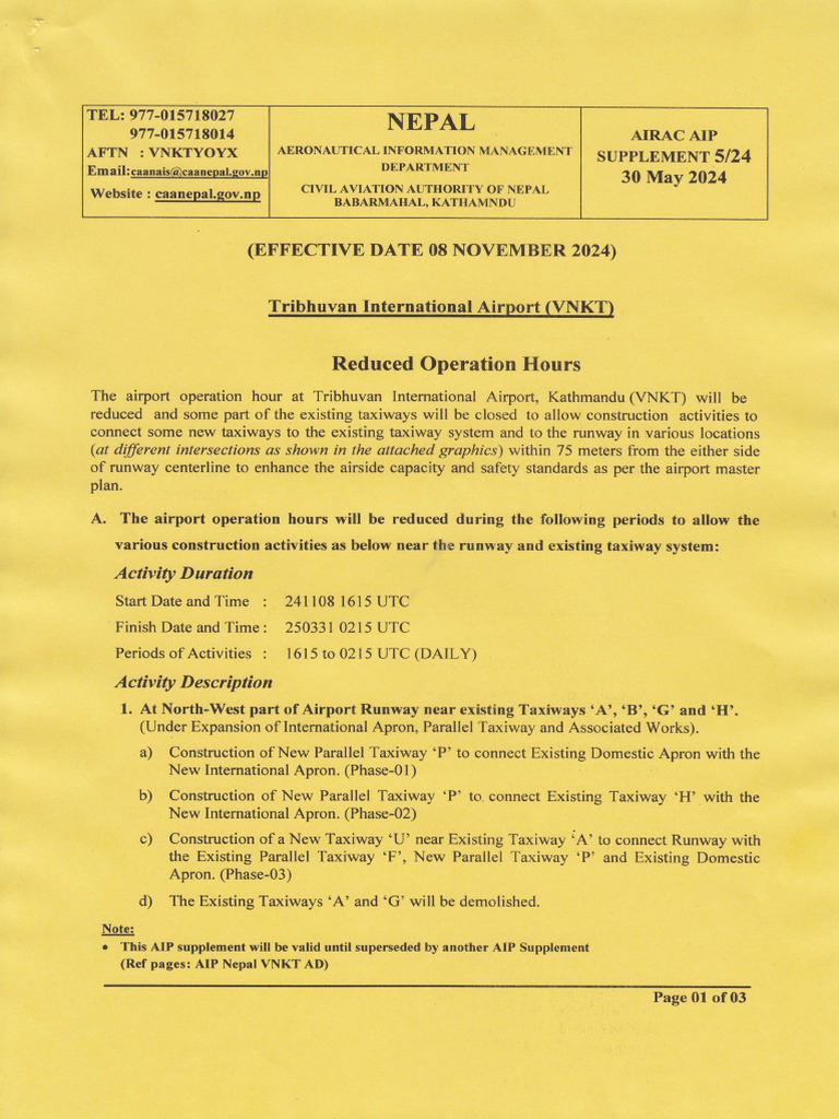 VNKT AIP Supplement: Reduced Hours | PDF | Aviation | Transport ...