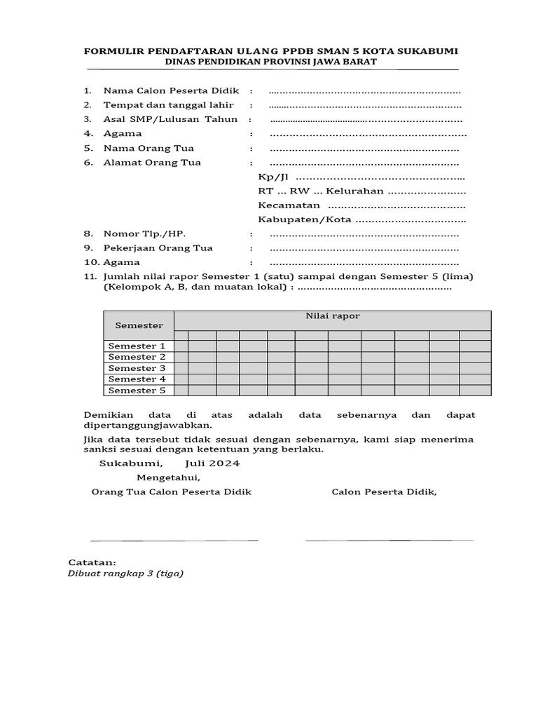 Formulir pendaftaran ppdb sma smk jalur prestasi nilai rapor pdf