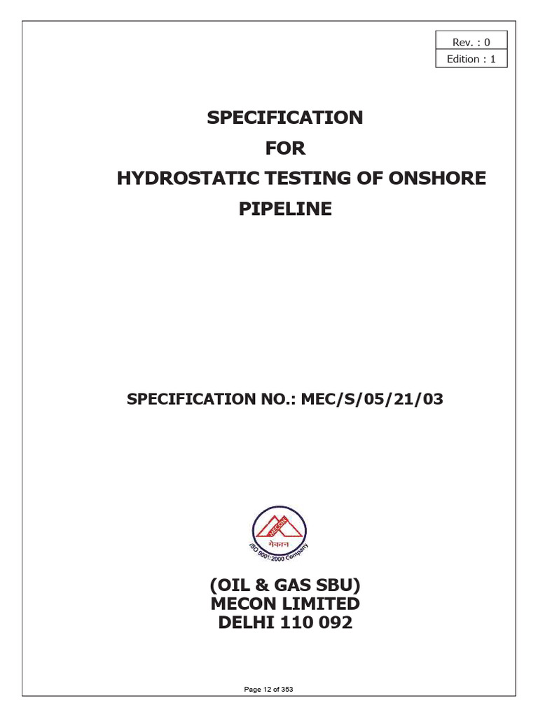 Hydrostatic Testing of Onshore Pipeline | PDF | Pipe (Fluid Conveyance ...