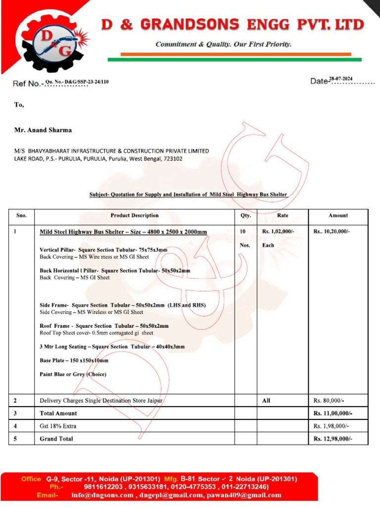 Quotation For Bus Shelter - Anand Sharma Ji | PDF