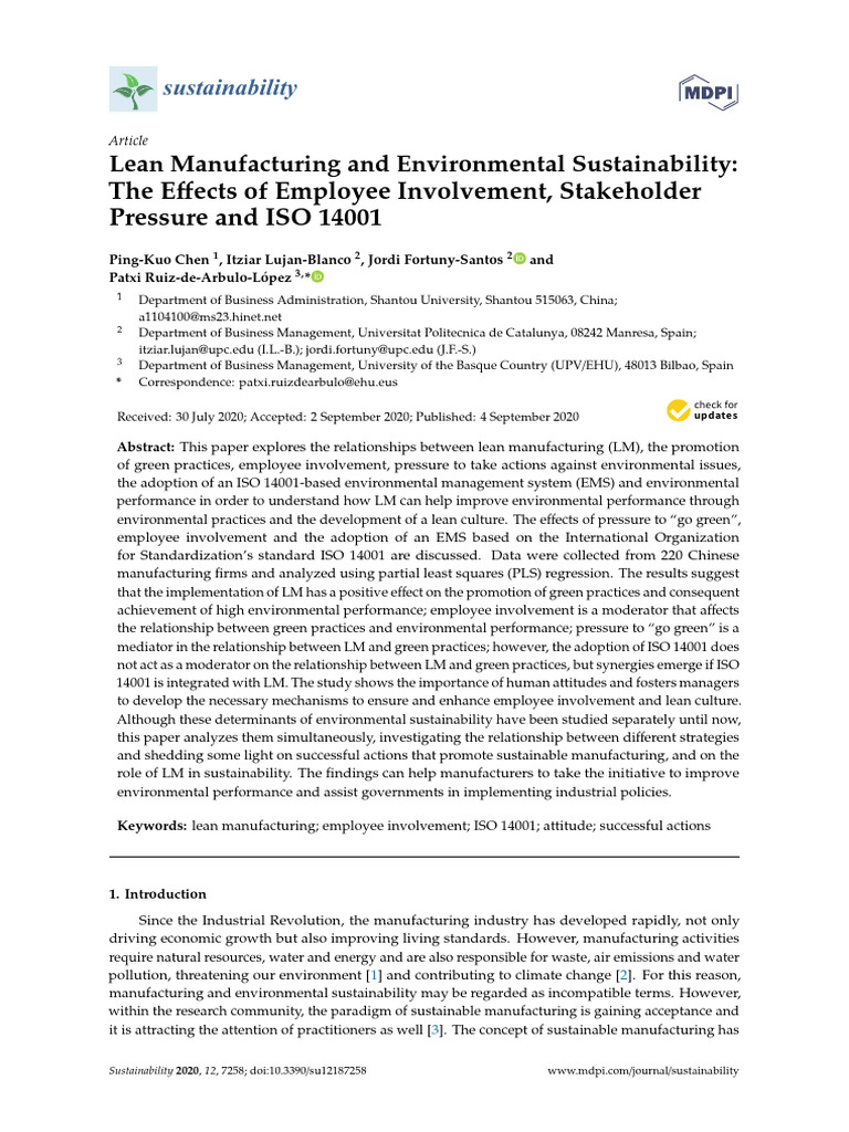 Sustainability 12 07258 | PDF | Lean Manufacturing | Sustainability