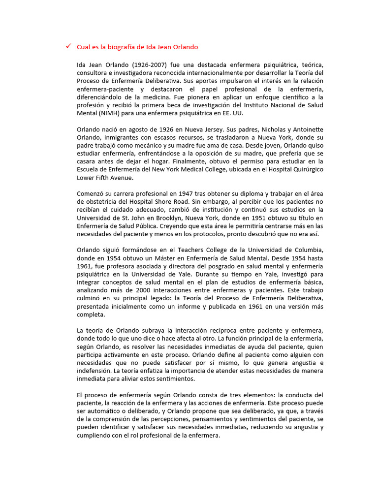 Biografía y Teoría de Ida Jean Orlando | PDF | Enfermería | Sicología