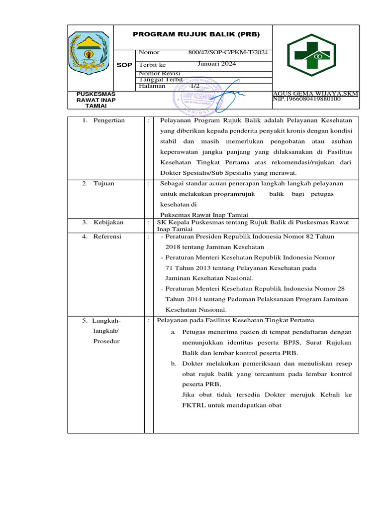 SOP Program Rujuk Balik Puskesmas 2024 | PDF