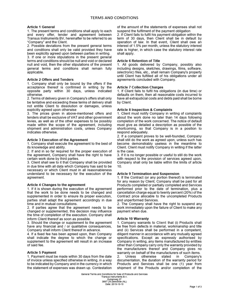 Transus Instruments Terms and Conditions | PDF | Indemnity | Legal ...