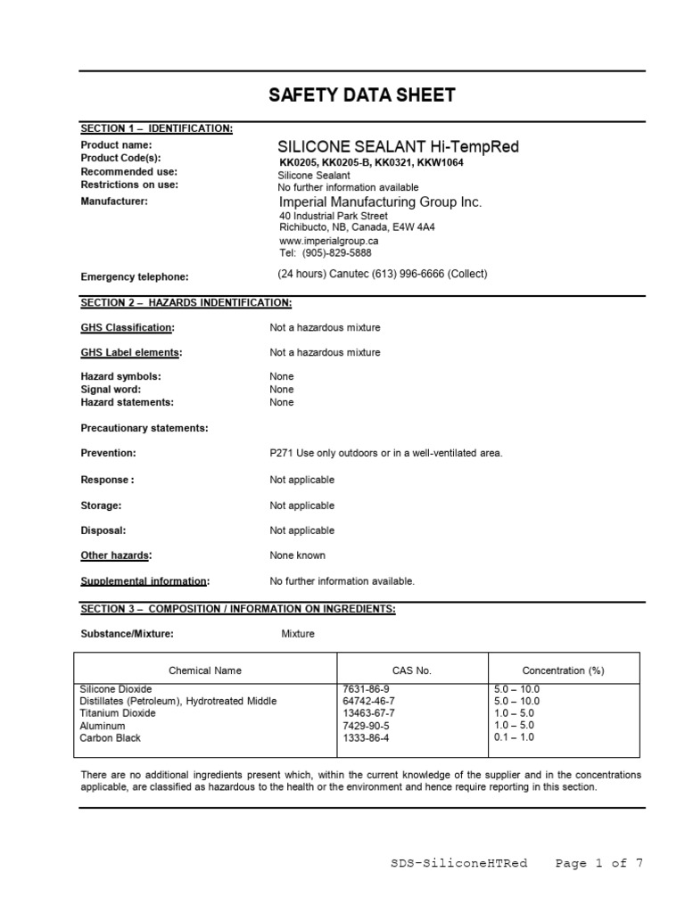 Silicone Sealant Hi-Temp Red SDS | PDF | Personal Protective Equipment ...