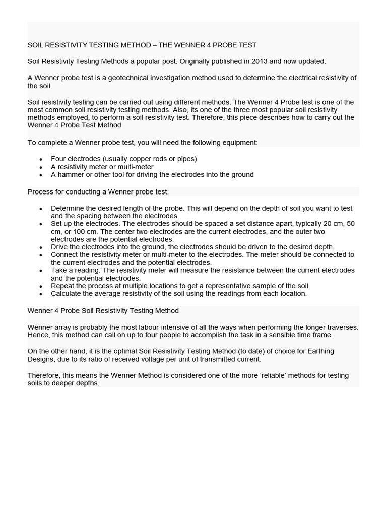 Wenner 4 Probe Soil Resistivity Testing | PDF | Electrical Resistivity ...