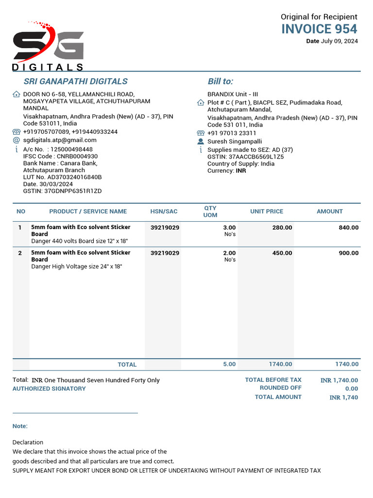Invoice for Sri Ganapathi Digitals | PDF | Payments | Money