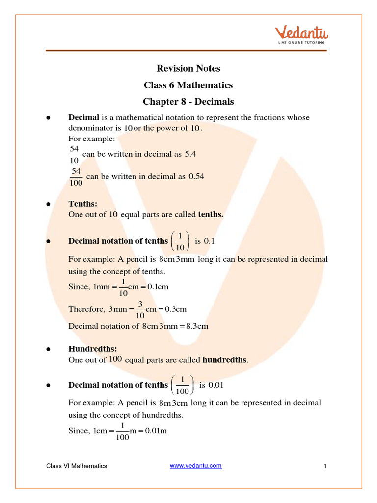 Class 6 Decimals Revision Notes | PDF | Decimal | Arithmetic