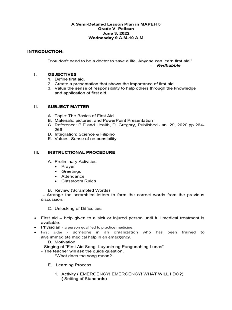 First Aid Lesson Plan for MAPEH 5 | PDF | First Aid | Physician