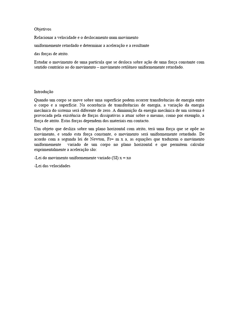 Movimento Retardado e Forças de Atrito | PDF | Velocidade | Força