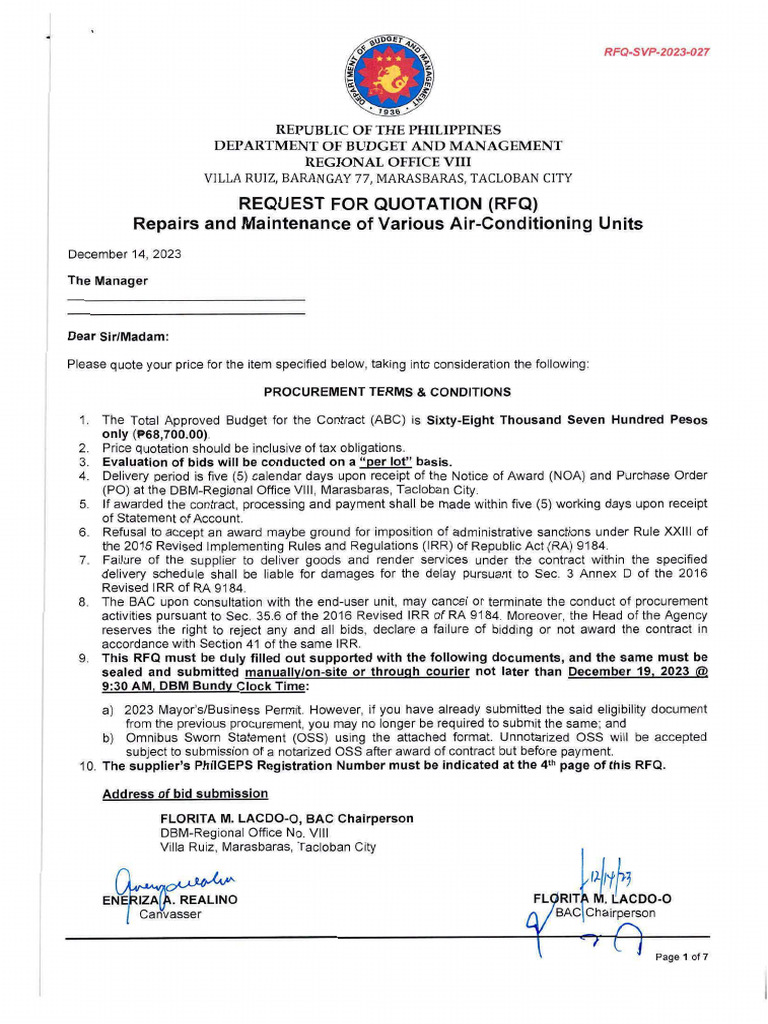RFQ Repairs and Maintenance of Various Air Conditioning Units | PDF