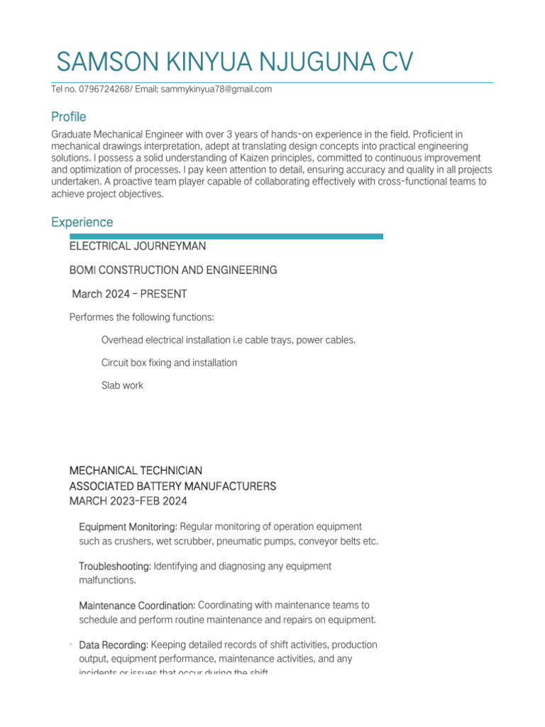 Mechanical Engineer Samson Njuguna CV | PDF
