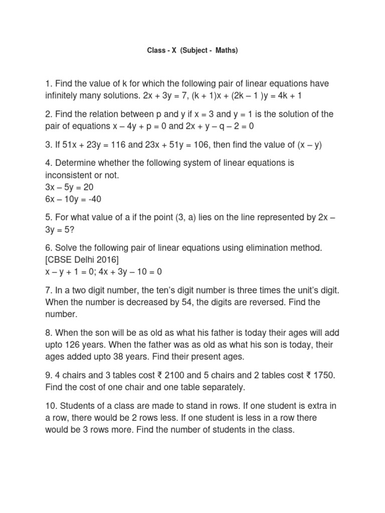 Class 10 Maths Linear Equations | PDF