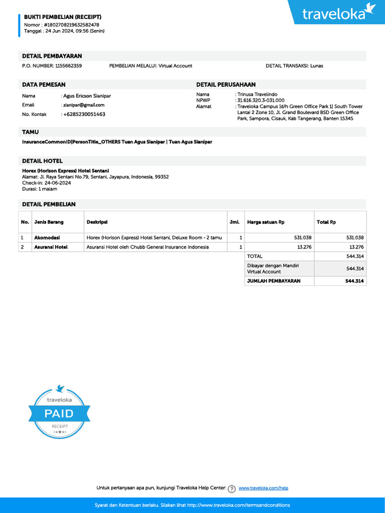 Bukti Pembayaran Hotel Traveloka | PDF